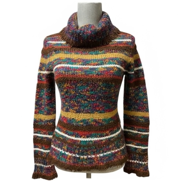 ONLY Women’s Multicolor Knit Rollneck Sweater Size S Boho Chunky Stripe Pullover - Picture 1 of 13